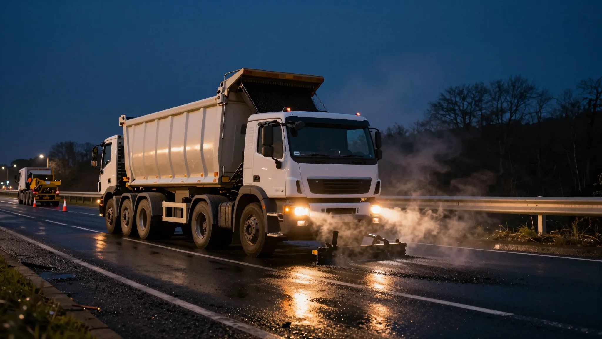 An 8-wheel tipper discharging hot asphalt into a paver during a night resurfacing shift